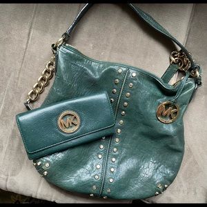 Dark Green and Gold Michael Kors Astor studded handbag & matching wallet